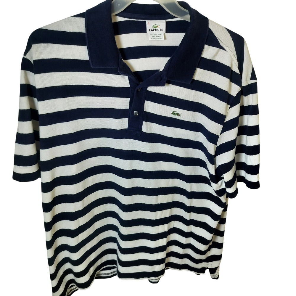 Lacoste Mens Navy White Striped Cotton Pique Polo Shirt Size 8 XXL 5191L